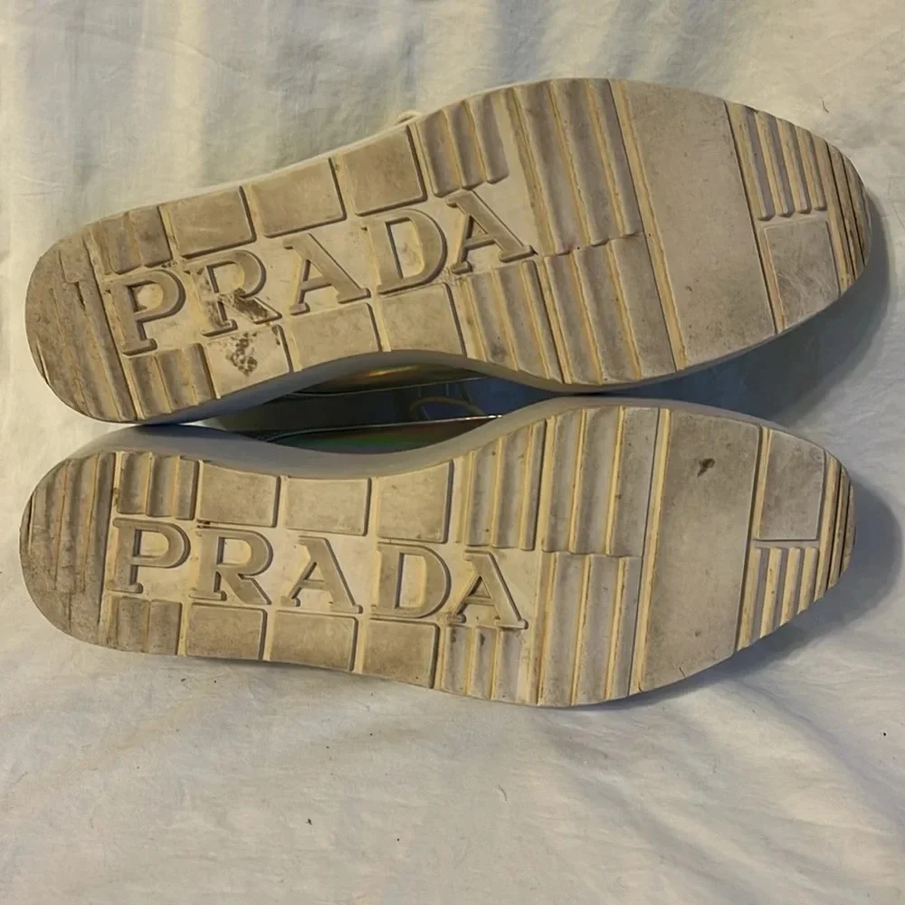 Prada Holographic Iridescent Platform Lace Up Logo Sole Shoe 37/7